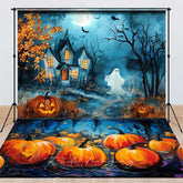 Lofaris Haunted House with Cute Ghost Combo Set Backdrop Spooky Pumpkin Patch Floor Kids Halloween Party Photos